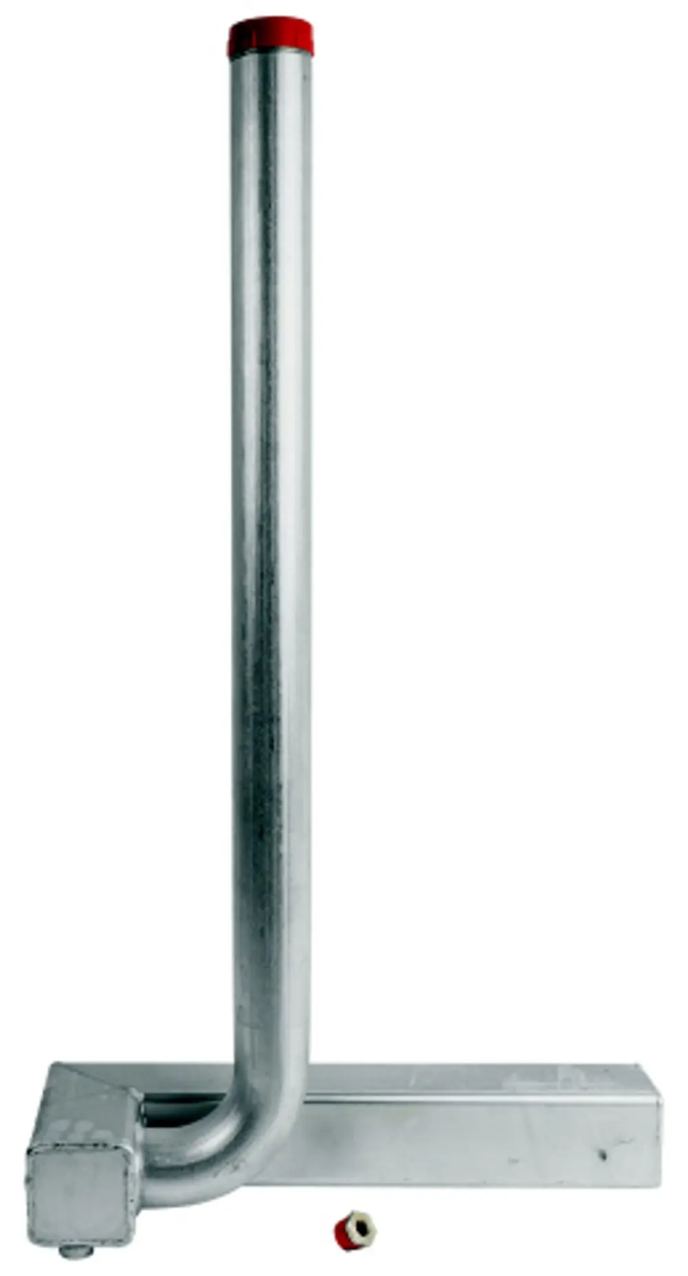 Vorlauf-Gussblock von Wolf mit senkrechtem Metallrohr und verschiedenen Anschlussmöglichkeiten, senkrecht auf einer Basis montiert. Roten Deckel am oberen Ende.